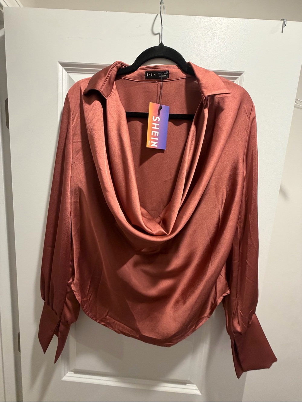 SHEIN Rust Satin Cowl Neck Blouse with Tie Cuffs